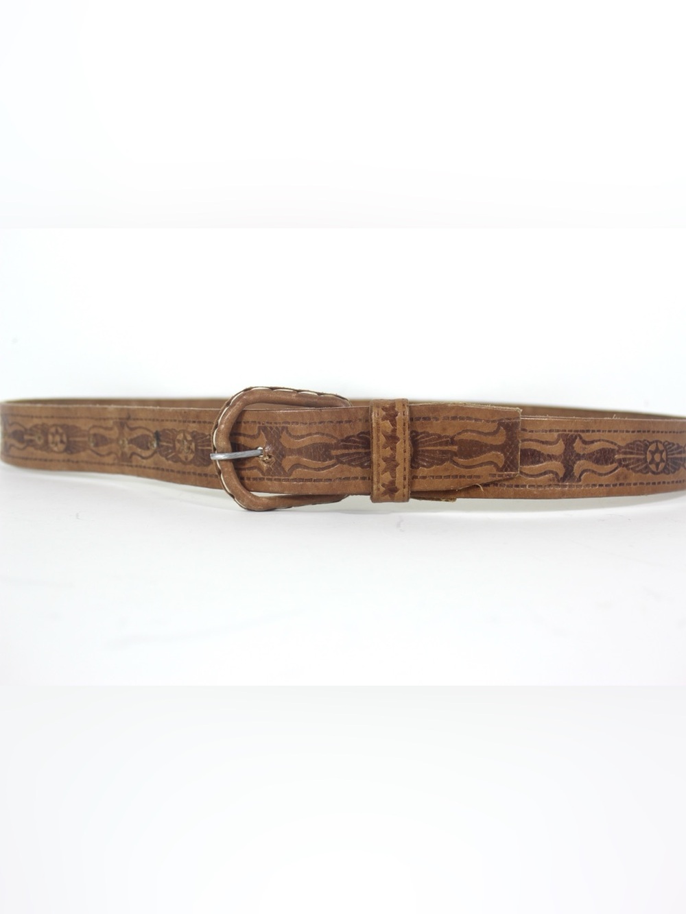 Vintage Handmade Tooled Natural Thick Tan Leather Belt with Self Covered Leather